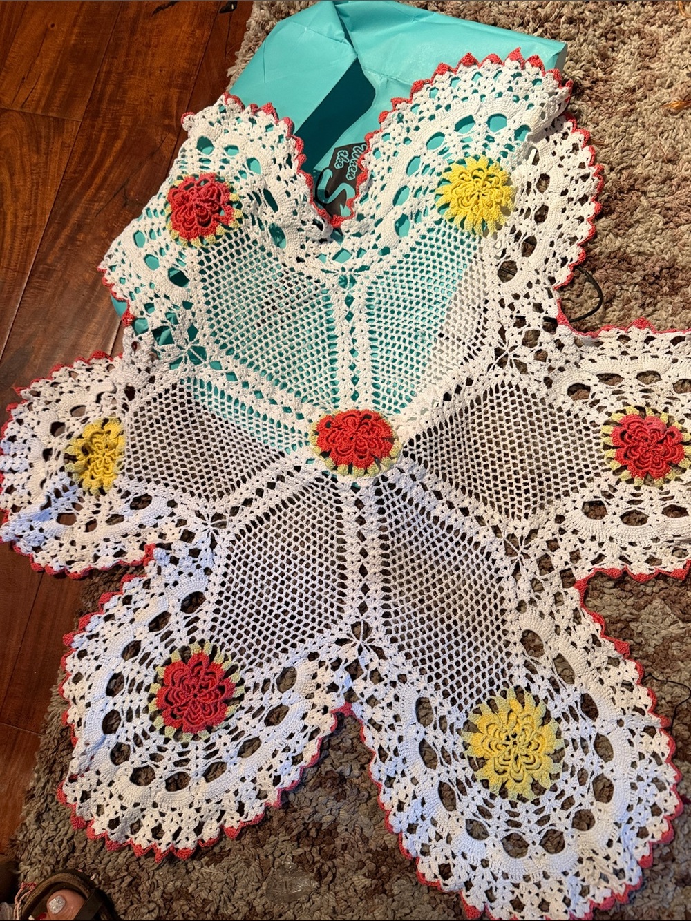 Vintage Crochet Flower White with Yellow & Red Accents